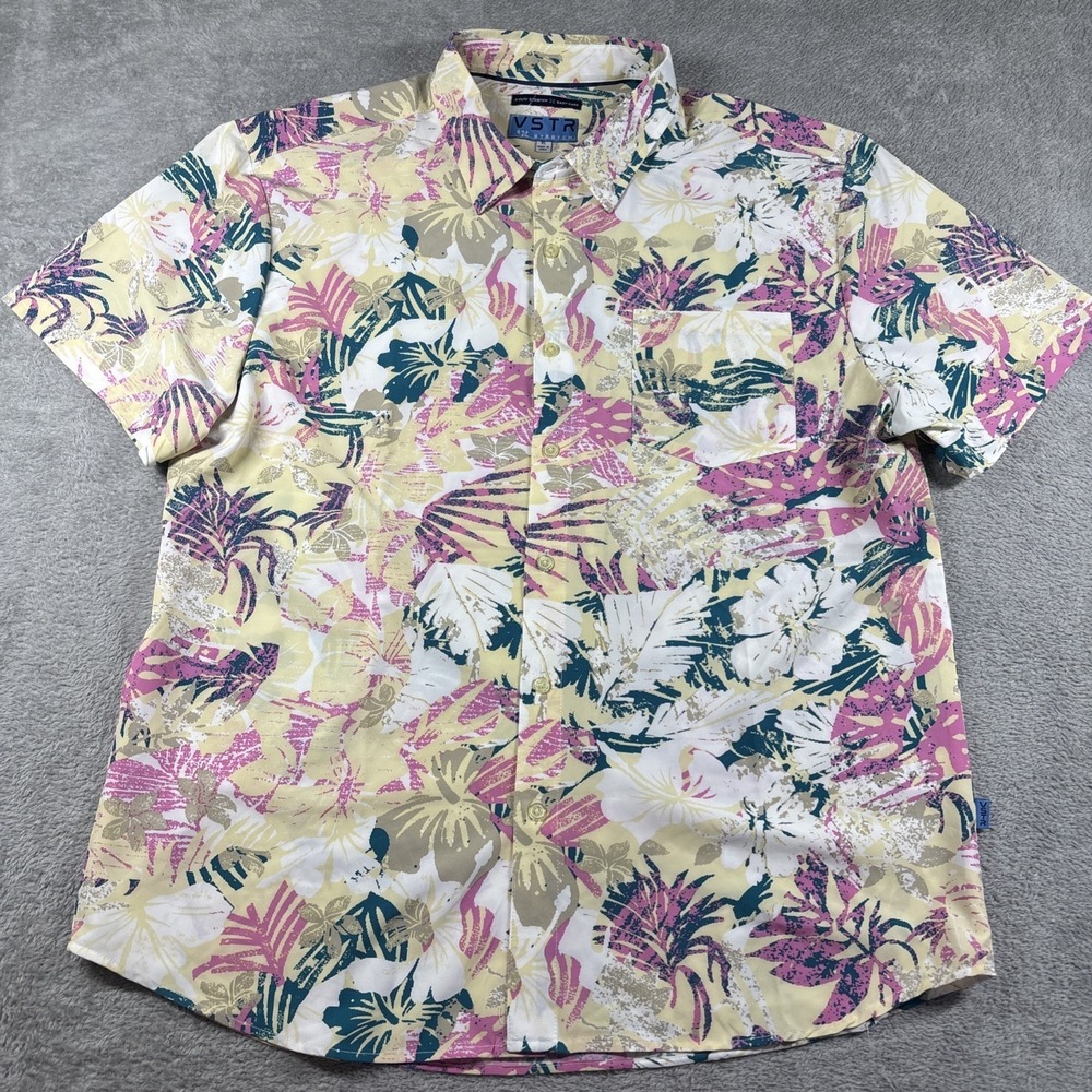 VSTR Premium Aloha Shirt Mens Yellow Button Up Hawaiian Floral‎ Retro Size XL